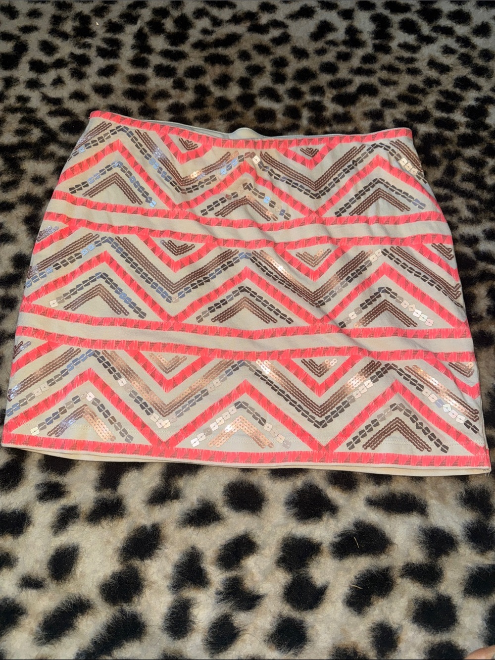 Express Chevron Sequin Mini Skirt - Coral, Cream & Brown